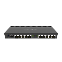 Mikrotik RB4011iGS+RM angled view showing ten Ethernet ports, power input
