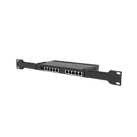 Mikrotik RB4011iGS+RM angled side view showing ten Ethernet ports, power input