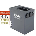 A gray Vestwoods Lithium Battery by Haier with a handle, two outlet ports, and a display. Left text: 2009.6Wh, 6.4V, 12000 cycles—great for backup power and solar systems due to its long lifespan.