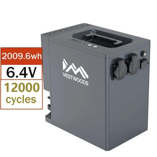 A gray Vestwoods Lithium Battery by Haier with a handle, two outlet ports, and a display. Left text: 2009.6Wh, 6.4V, 12000 cycles—great for backup power and solar systems due to its long lifespan.
