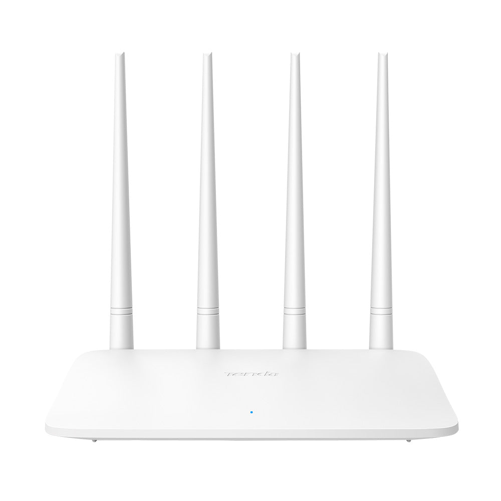 Tenda F6 wireless router top view showing four antennas and smooth white surface