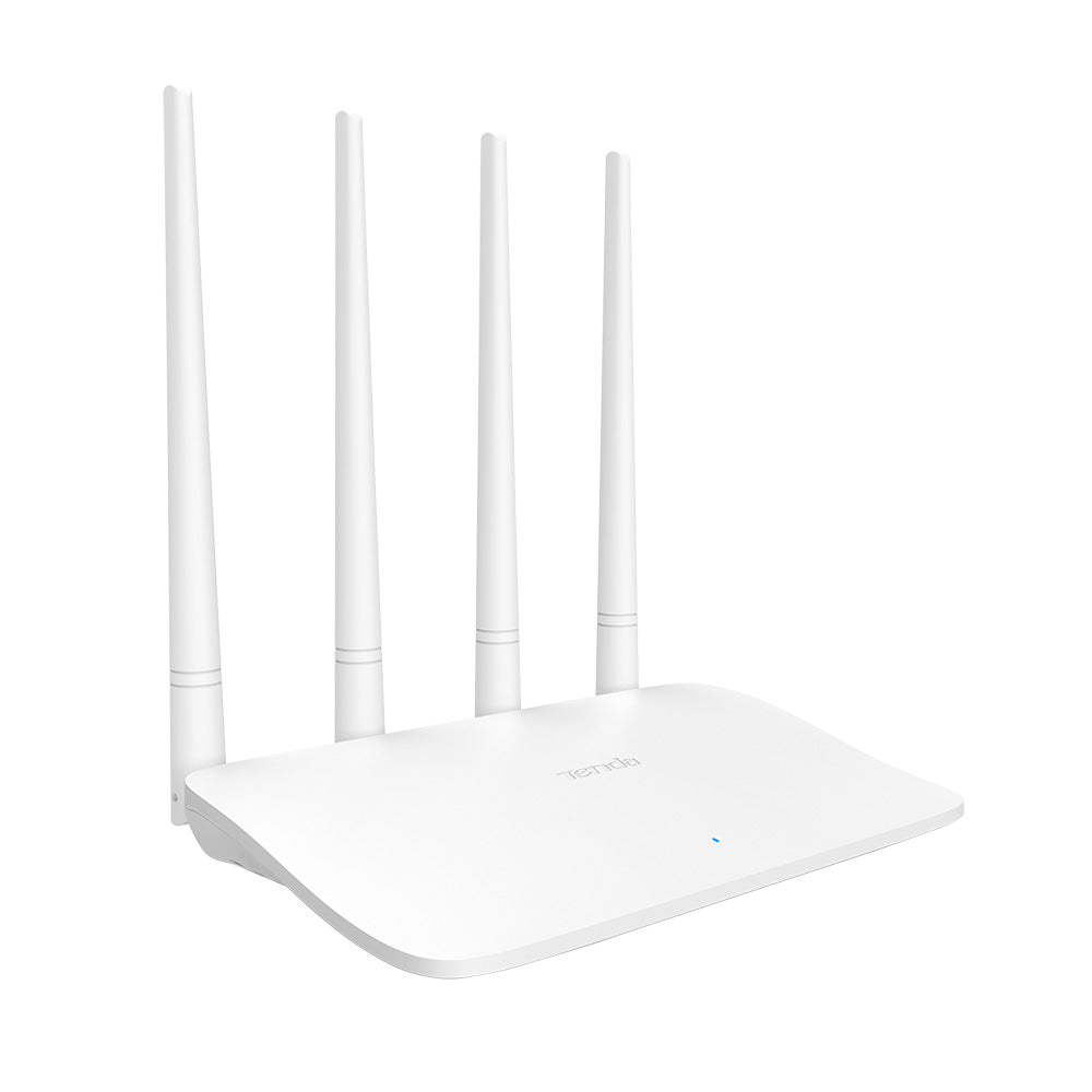 Tenda F6 wireless router front view with four antennas and compact white body