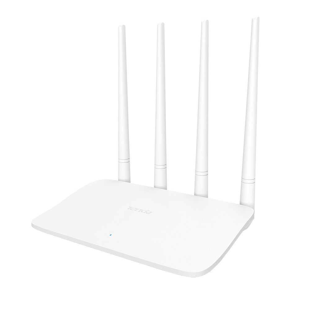 Tenda F6 wireless router angled view with four antennas and slim white design
