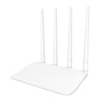 Tenda F6 wireless router angled view with four antennas and slim white design