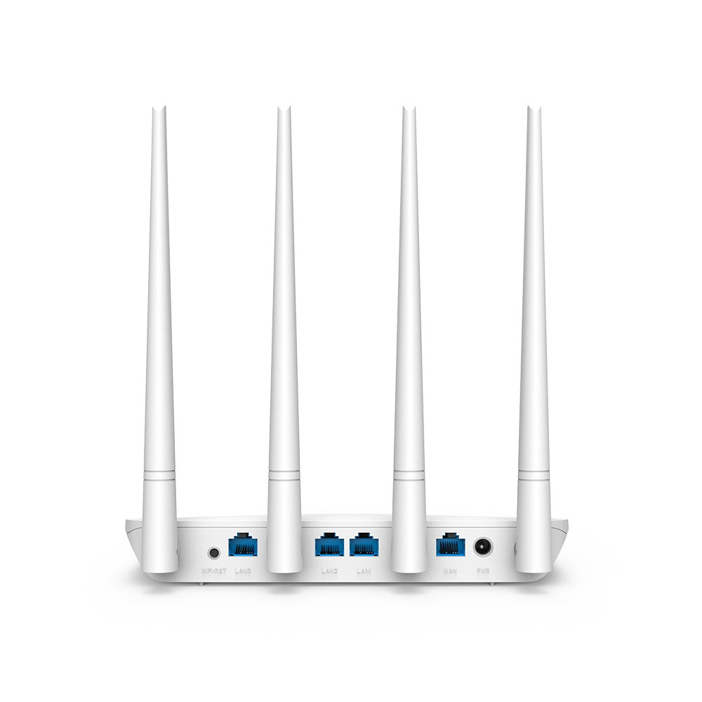 Tenda F6 wireless router rear view showing Ethernet ports, WAN/LAN connections, and power input