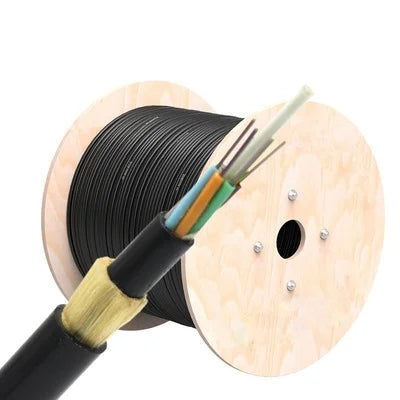 12-core ADSS fiber optic cable spool with exposed fibers for FTTH overhead installation