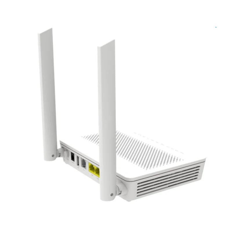 Huawei XPON router angled rear view showing dual antennas, Ethernet ports, and ventilation design