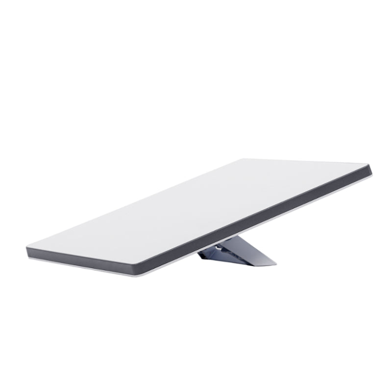 A sleek white rectangle with a slim dark border, perched on a triangular metallic stand against a plain white backdrop—resembling the Starlink Mini, a compact, portable satellite internet antenna.