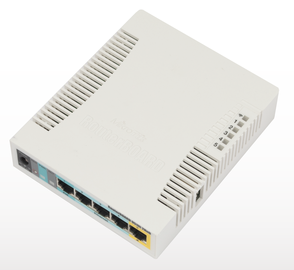 Mikrotik RB951Ui-2HnD wireless router with five Ethernet ports and compact white casing