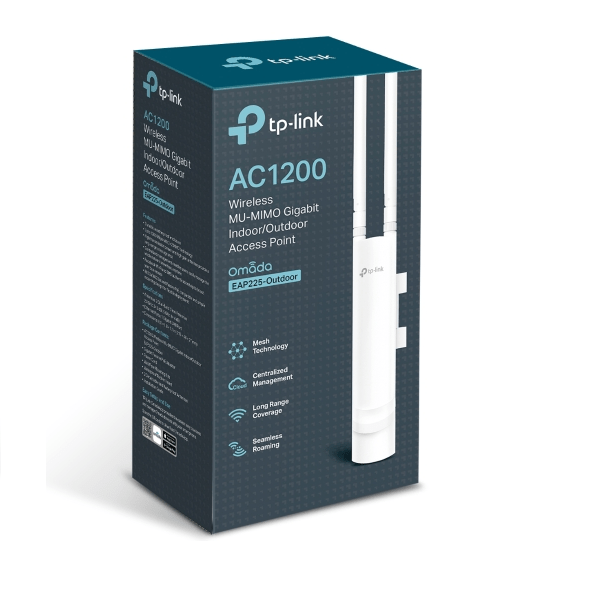 The TP-Link AC1200 EAP225 Wireless Indoor/Outdoor Access Point box features MU-MIMO, Omada Mesh for seamless roaming, long-range coverage, and shows an image of the device on the front.