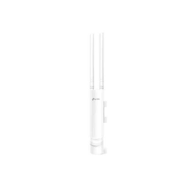 The TP-Link AC1200 EAP225 Wireless Indoor/Outdoor Access Point is a white, cylindrical device with two vertical antennas, displayed against a plain white background.