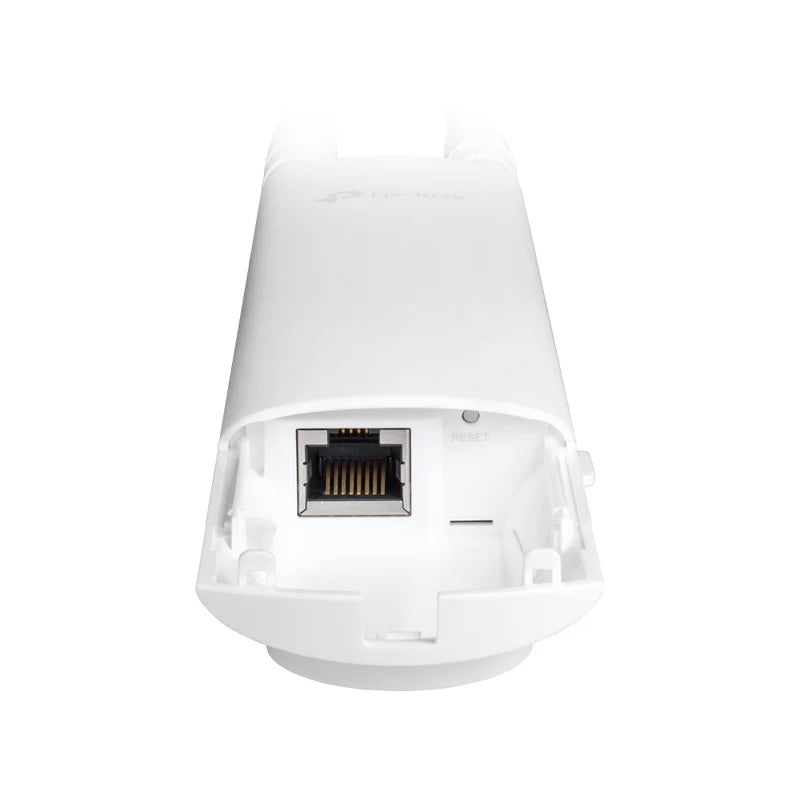 Close-up of the Tp-link AC1200 EAP225 Wireless Indoor/Outdoor Access Point, showing its Ethernet port and reset button—perfect for Omada Mesh setups that require reliable outdoor Wi-Fi and extended range.
