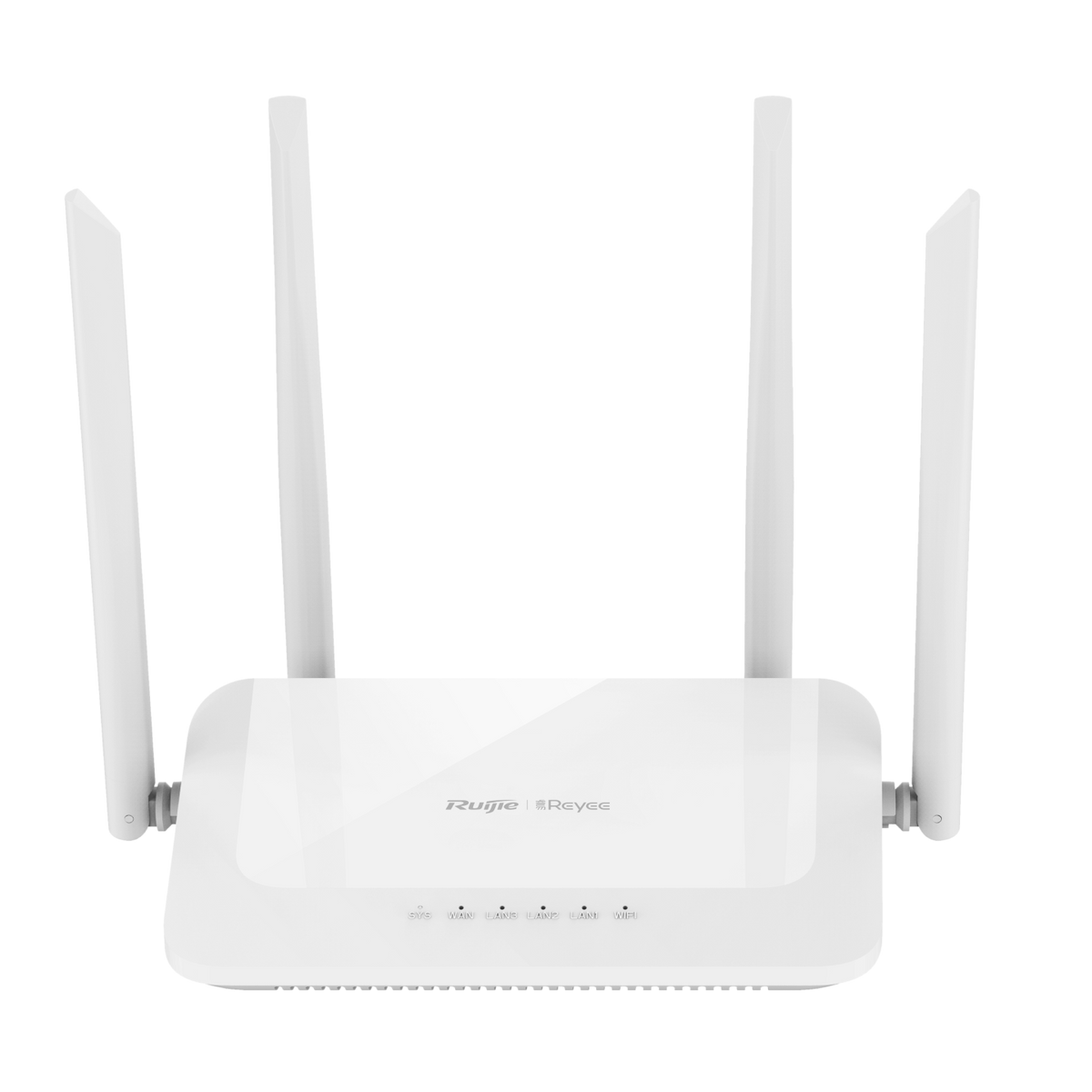 Ruijie RG-EW1200 dual-band wireless router front view with four high-gain antennas and LED status indicators