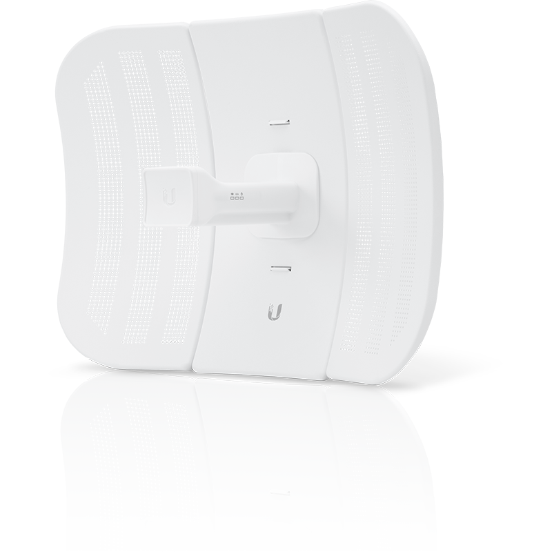 A white directional outdoor CPE device with a central connector and slots for mounting.