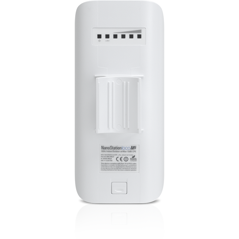 Ubiquiti airMAX NanoStation Loco M2 rear view with mounting system and indicators