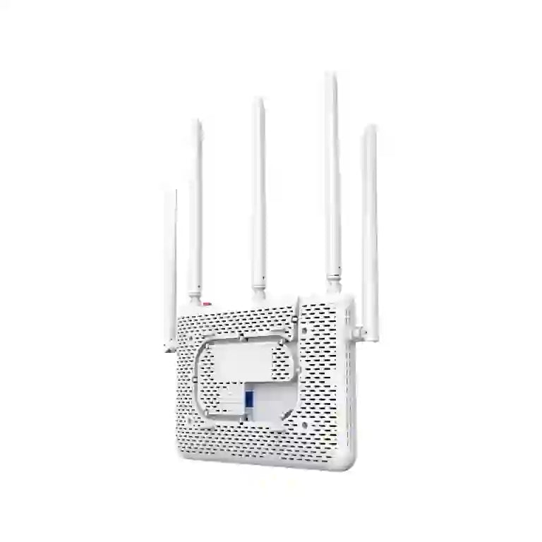 Netis GP3001 AX3000 GPON router rear view showing fiber port, Gigabit Ethernet ports and antenna placement